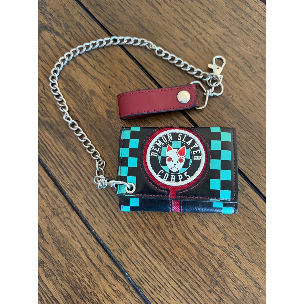 Demon Slayer Trifold Chain Wallet Mens OS Black Teal Good Tanjiro Checkered